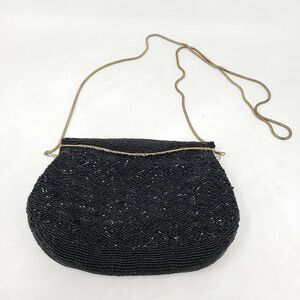 VINTAGE Carla Marchi Black Fully Beaded Clutch Evening Bag Gold Chain Gorgeous